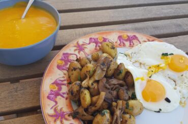 Velouté de potimarrons du potager, poêlée de pommes de terres (du potager aussi) et pleurotes