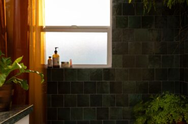 Tiled bathroom with houseplants in a renovated Craftsman-style home, Montecito Heights, Los Angeles [5332x7466]