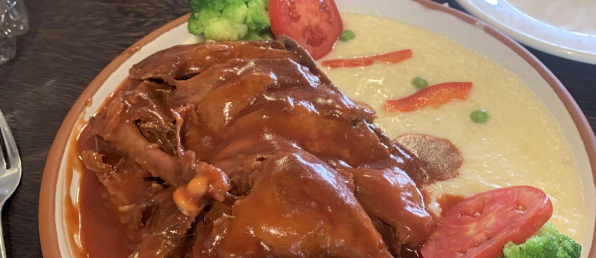 Canard sauce au vin avec purée de patate et pain maison