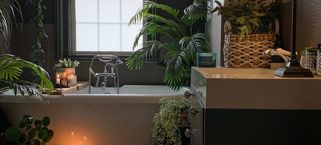 Bathroom full of houseplants in a renovated Victorian home, Royal Tunbridge Wells, Kent, England [1124x1406]