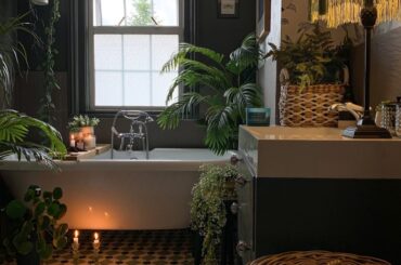 Bathroom full of houseplants in a renovated Victorian home, Royal Tunbridge Wells, Kent, England [1124x1406]