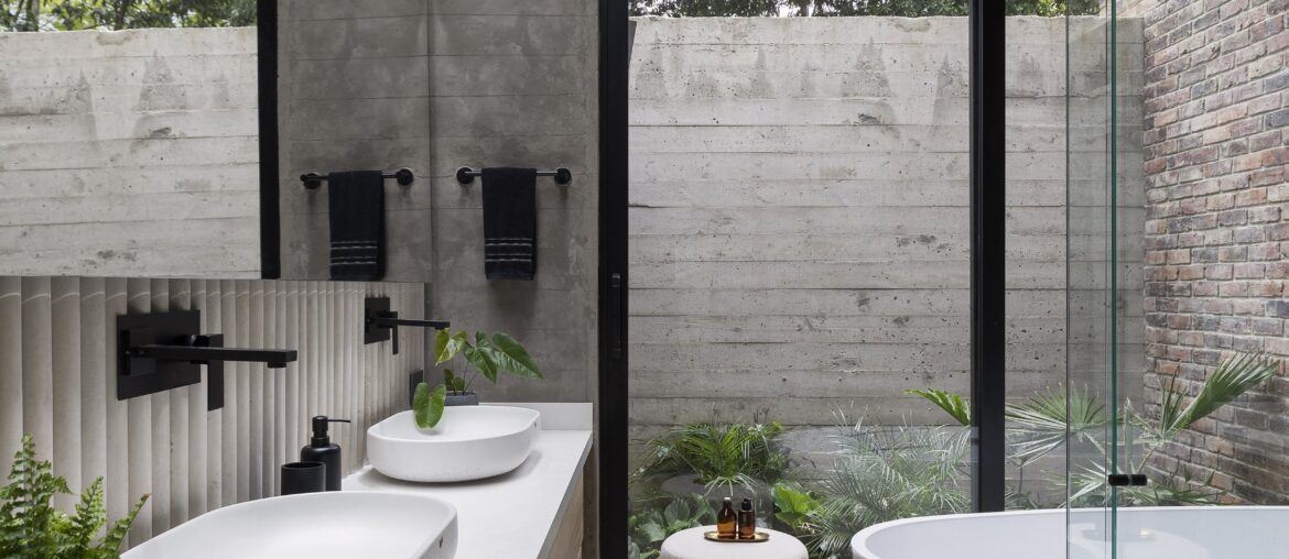 Exposed concrete wall bathroom full of natural light, Subachoque, Western Savanna Province, Colombia [2500x3751]