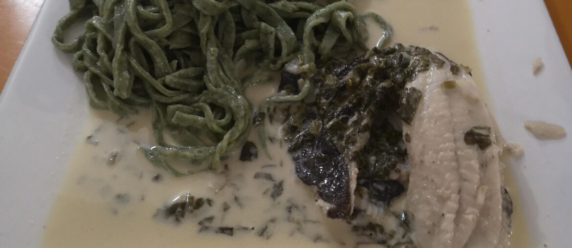 Filets de barbue, pâtes vertes maison, sauce à l'oseille