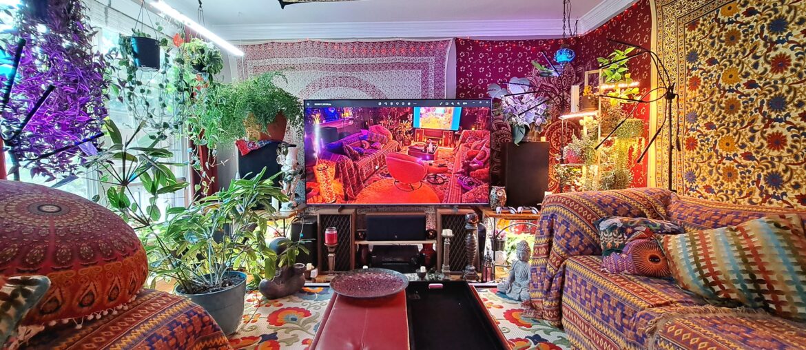 My psychedelic living room in Nashville. The image on the tv is the room at night. [4000x3000]
