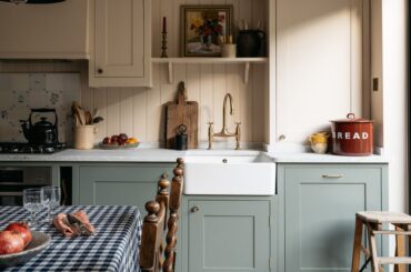 Kitchen with tongue and groove lined walls in a remodeled three-bedroom Victorian terrace, Shepherd's Bush, West London, UK [1935x2580]