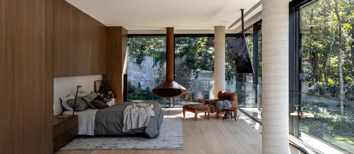 Bedroom with floor to ceiling glass sliding walls overlooking forest [1500 x 1000] Sau Paulo, Brazil