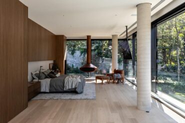 Bedroom with floor to ceiling glass sliding walls overlooking forest [1500 x 1000] Sau Paulo, Brazil