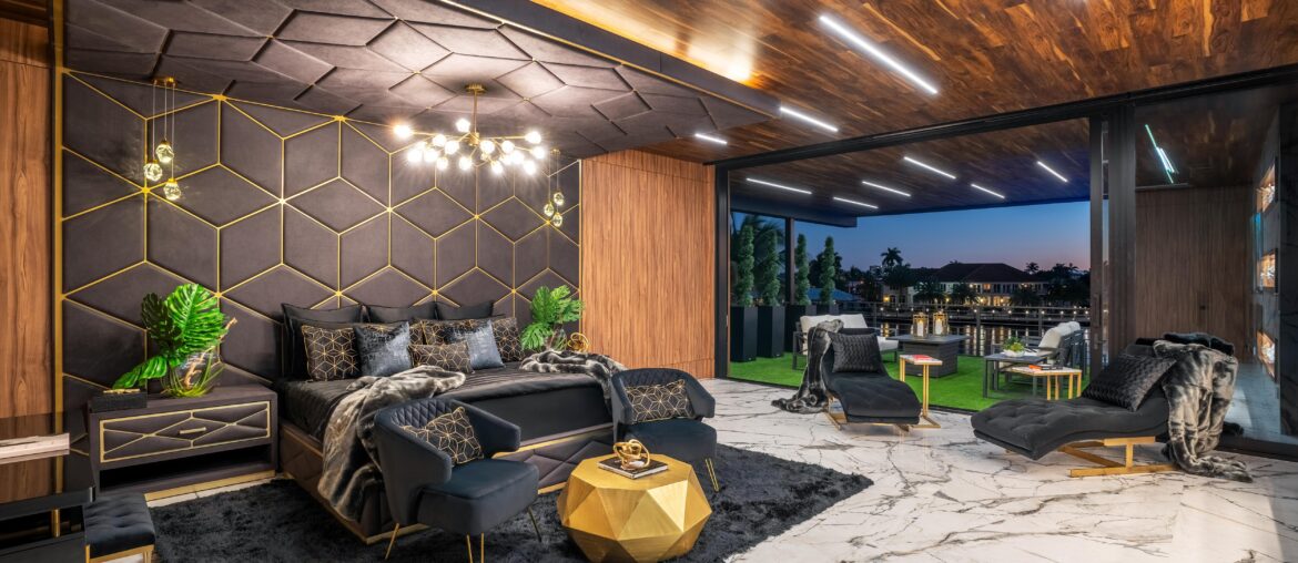 Primary Bedroom in Fort Lauderdale, FL Home Covered in Wood and Massive Marble Tile. Not One Piece of Drywall Was Used in the House [5000x3334]