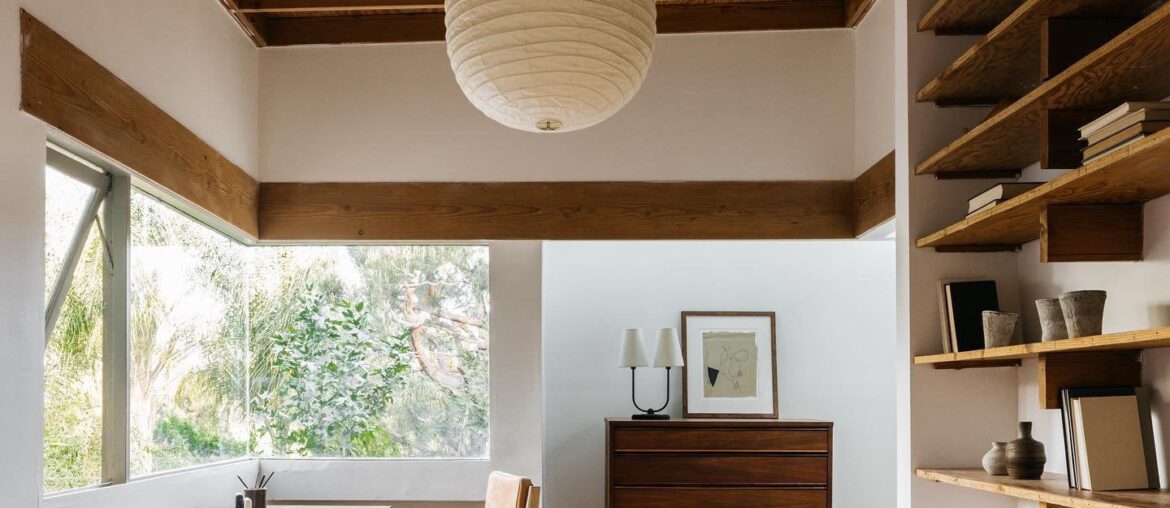 Home office with a corner window in a renovated 1920s residence, Echo Park, Los Angeles [1440x1800]