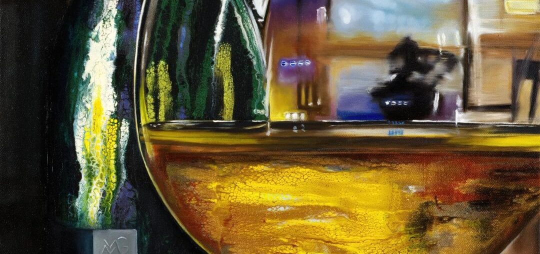 Evening Vino Blanco | Original Mixed Media Painting Size: 16 x 20 IN (40.64 x 50.8 CM) Enjoy wine? Me too. Took pictures one evening while enjoying a glass of wine. The white wine and bottle is done in acrylic pouring and the wine glass, and background are done in traditional oils.