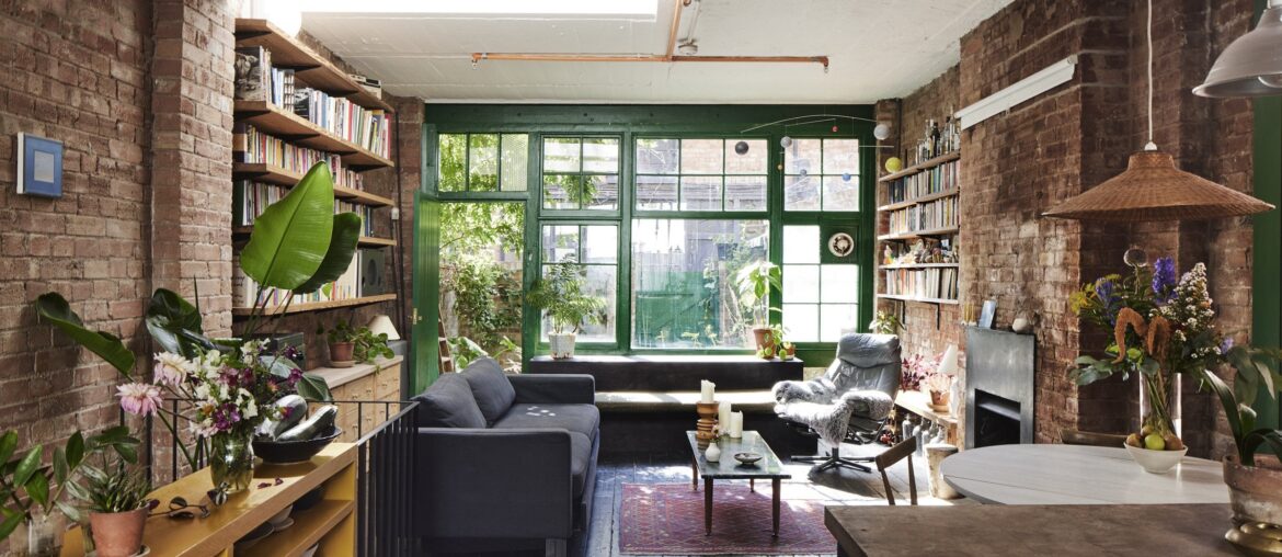 Living room in a century-old former furniture workshop transformed into a two-bedroom maisonette, Bethnal Green, East End of London, UK [2400x1601]