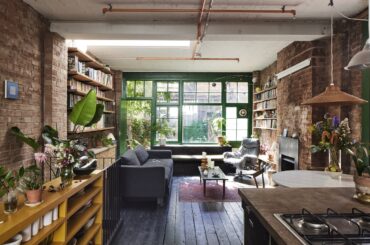 Living room in a century-old former furniture workshop transformed into a two-bedroom maisonette, Bethnal Green, East End of London, UK [2400x1601]