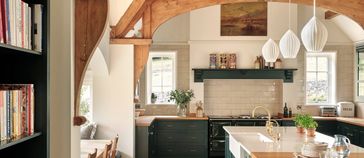 Spacious country kitchen with exposed beams and a breakfast nook in a Victorian home, Surrey Hills, Surrey, England [2000x2667]