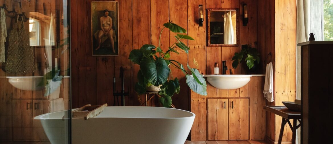 Timber-lined bathroom with a view in a lakeside cabin, Norfolk, East Anglia, England [2000x3000]