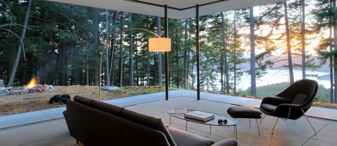 Living room with a forest view, Orcas Island, WA [1200x 798]