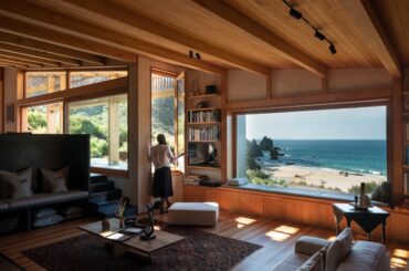 Coastal home with windows framing views of Otama Beach, Coromandel Peninsula, Waikato, North Island of New Zealand [2500x1875]