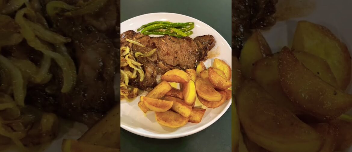 3 Best Steak's side dishes, French fries, Garlic green beans and fried onions