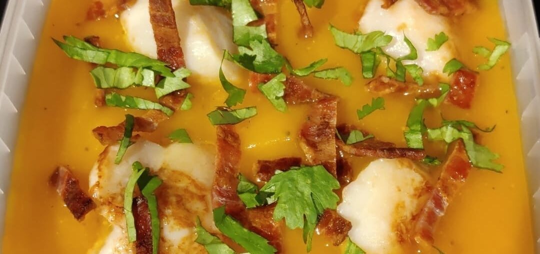 Gamelle de demain midi: velouté de potimarron, St Jacques, chips de bacon