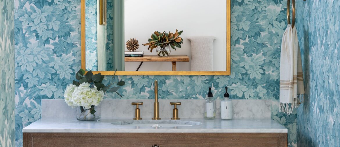 Powder room with a botanical pattern in a Memorial Park home, Houston, Texas [2500x3650]