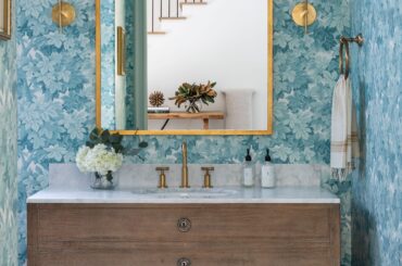 Powder room with a botanical pattern in a Memorial Park home, Houston, Texas [2500x3650]