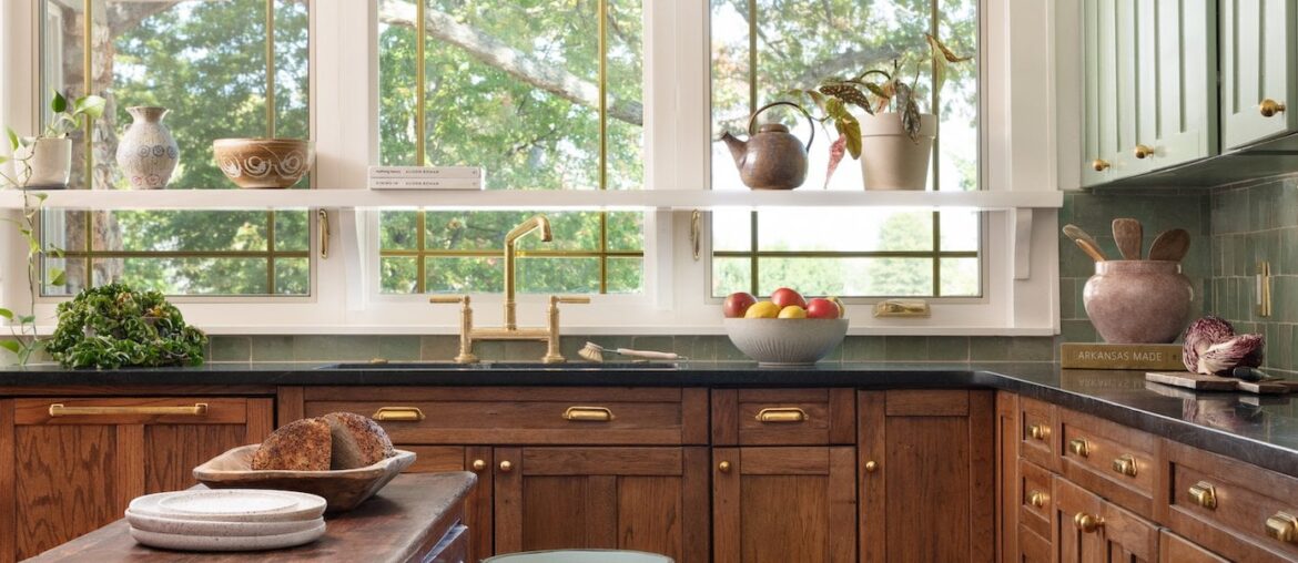 Sage and dark stained cabinetry kitchen in a remodeled 120-year-old craftsman, downtown Bentonville, Benton County, Arkansas [1390x2085]