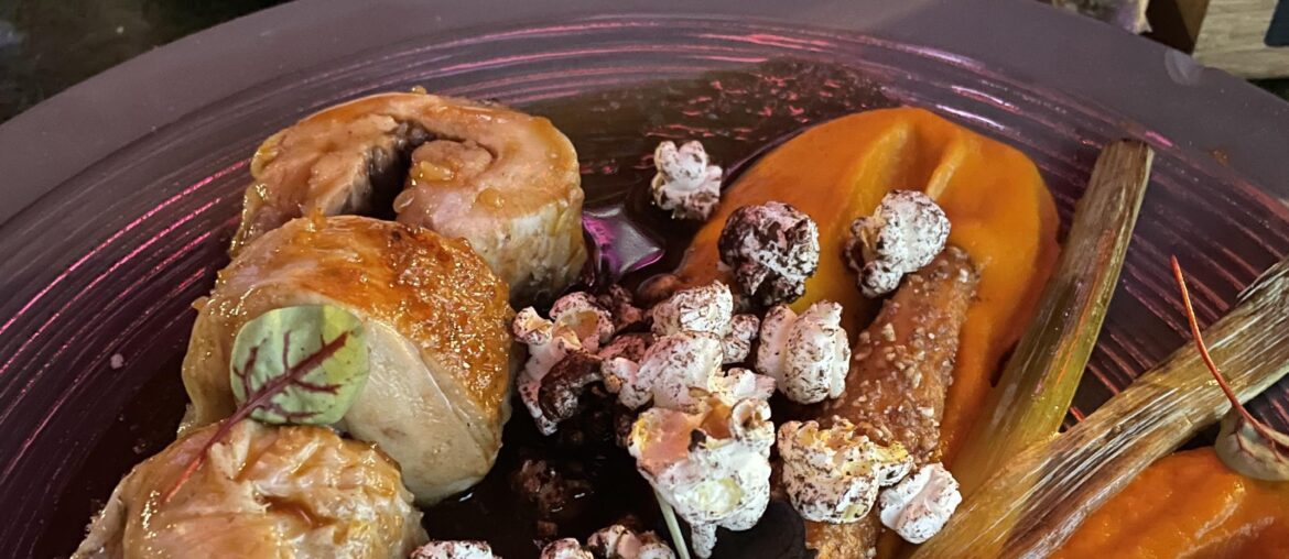 Expérience chocolat/pop-corn roulé de veau caramélisé