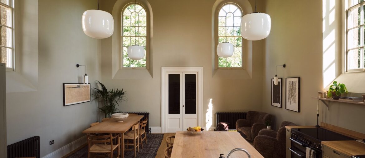 Double-height kitchen and dining space in a converted 19th-century chapel, North Wraxall, Wiltshire, England [1600x1067]