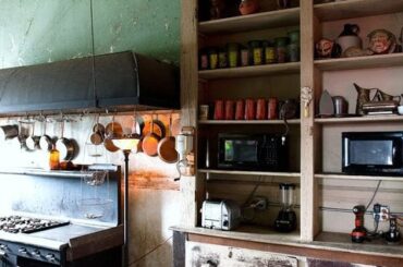 Rustic, High Ceilings, Open Storage Kitchen