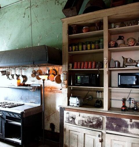 Rustic, High Ceilings, Open Storage Kitchen