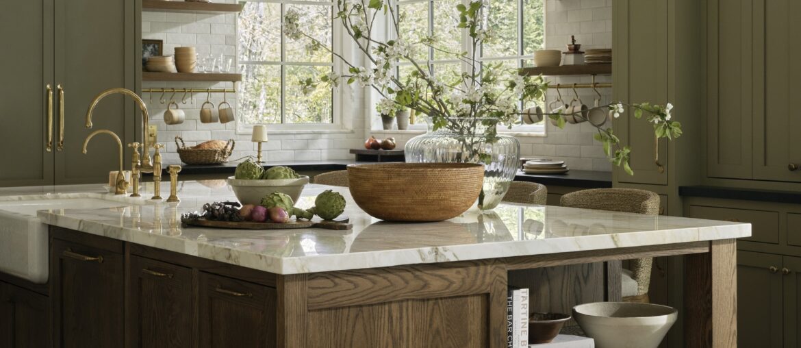 Sage cabinetry kitchen with a dark oak stained island in a country home, Alton, Ontario, Canada [2500x3125]