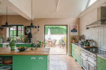 Kitchen opening up to the terrace in a renovated 18th-century farmhouse, Great Hallingbury, Uttlesford, Essex, England [1600x1066]