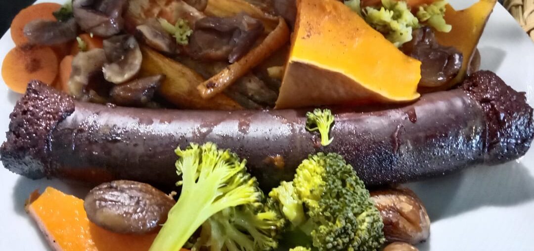 Boudin aux pommes oignon confits courge marrons brocolis et carottes...