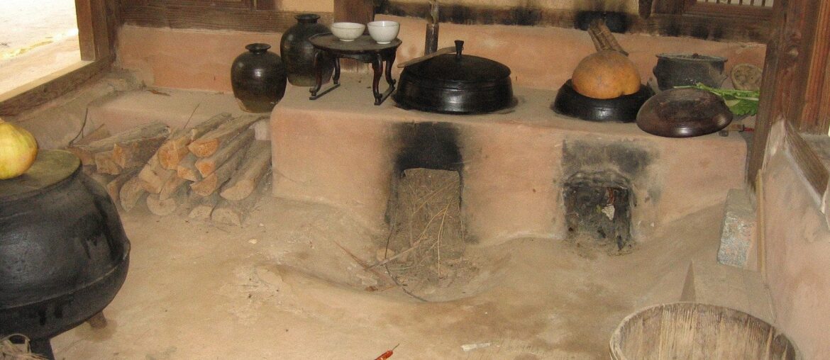 House Kitchen with Stone Fire Stove. Suwon Village, South Korea