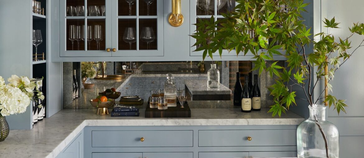 Home bar with blue-gray cabinetry in a refurbished 18th-century residence, Easton, Talbot County, Maryland [2000x2659]