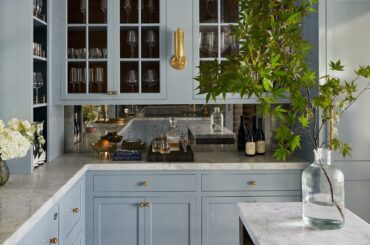 Home bar with blue-gray cabinetry in a refurbished 18th-century residence, Easton, Talbot County, Maryland [2000x2659]