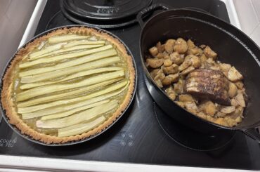 Repas tous simple pour le fiston : rôti de porc, pdt et tarte à la rhubarbe