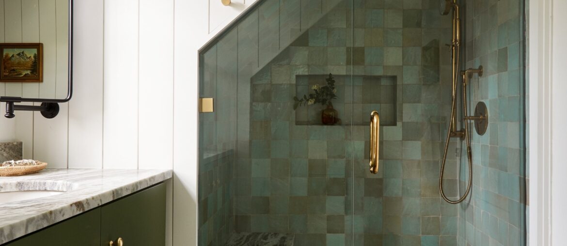 Attic bathroom with an angled tiled shower in a renovated Colonial house, Connecticut [2500x3717]