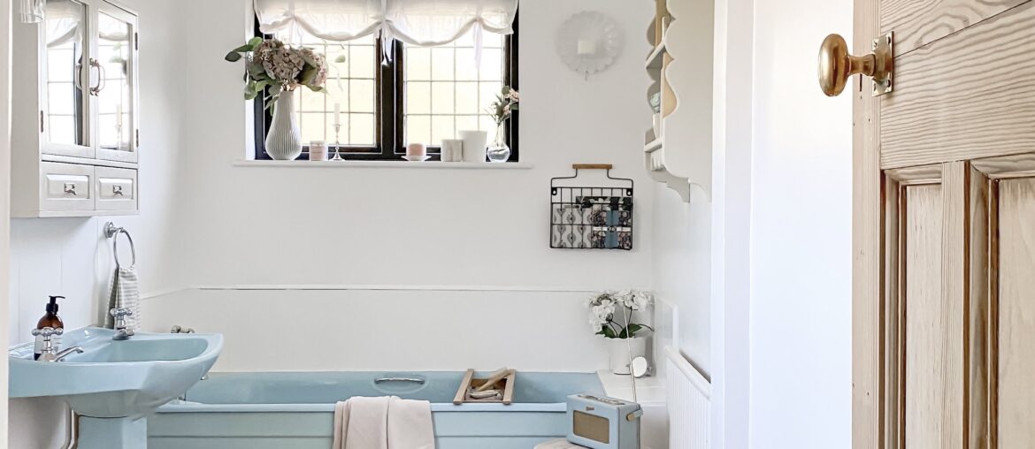 Formerly carpeted bathroom with a tall ceiling in a renovated four-bedroom house, Cambridgeshire, England [3024x4032]