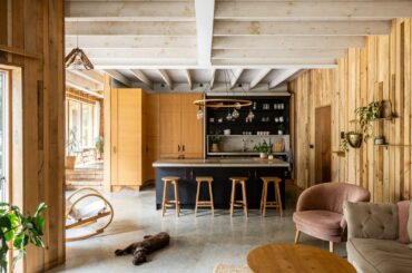 Timber-lined kitchen and living space in Helston, Cornwall, England [1600x1067]