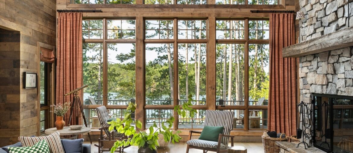Lake house with huge floor-to-ceiling windows and a terrace, Northwoods, Wisconsin [1601x2400]