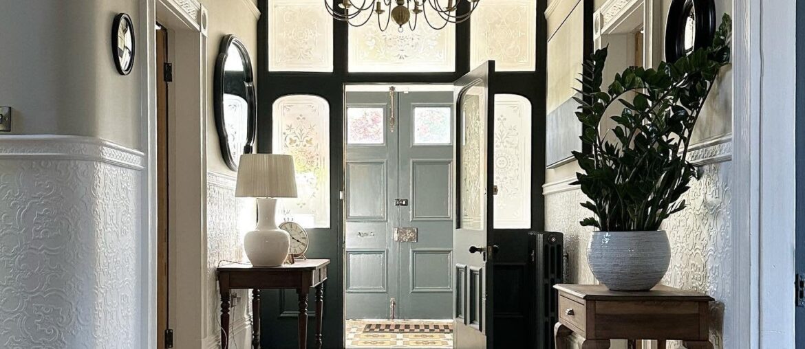 Entrance hall with checkerboard floors in a renovated Victorian house, Eaglescliffe, Durham, North East England [1440x1800]