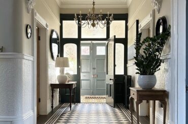Entrance hall with checkerboard floors in a renovated Victorian house, Eaglescliffe, Durham, North East England [1440x1800]