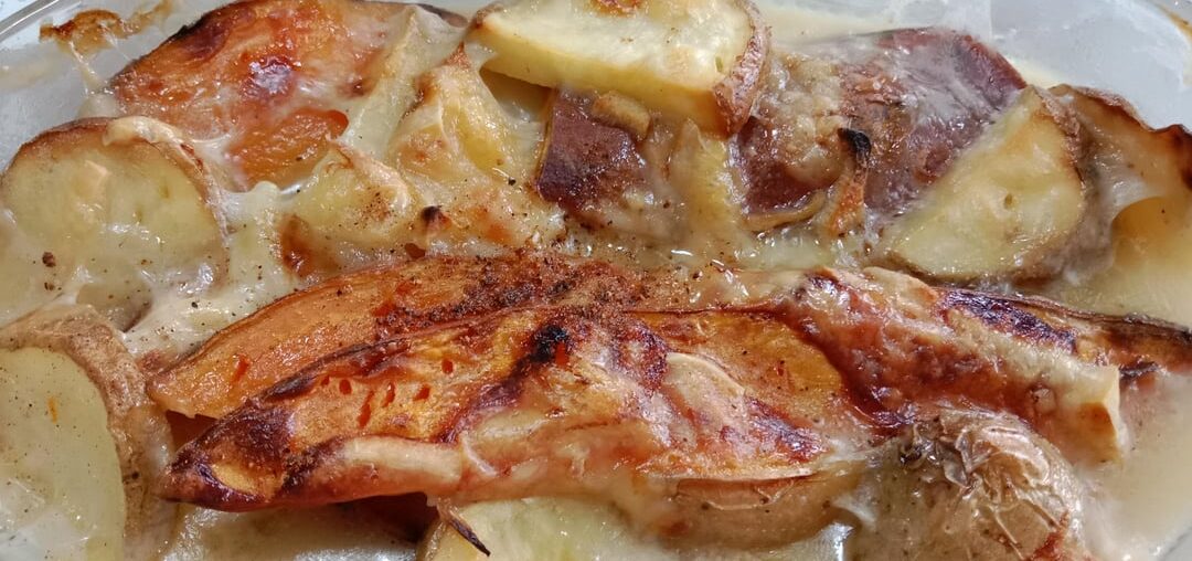 Gratin dauphinois de patate douce, lait de coco, croûte à l'abondance
