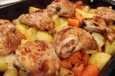 Hauts de cuisses de poulet, pommes de terre, carottes au four