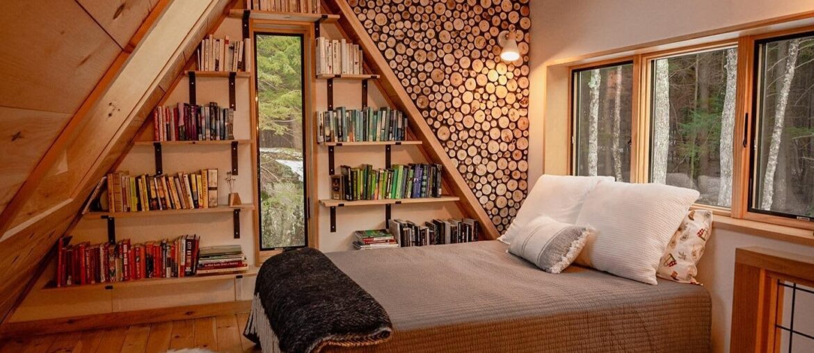 Cabin bedroom with a skylight, Freeport, Cumberland County, Maine [1440x1800]