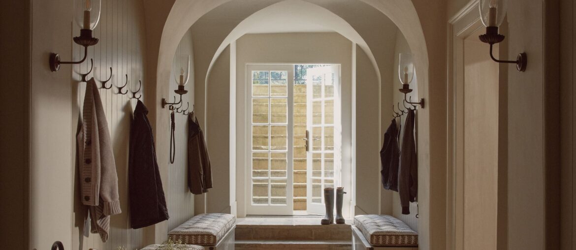 Vaulted ceiling boot room in a renovated 18th century Georgian mansion, Newbury, Berkshire, South East England [2398x3197]