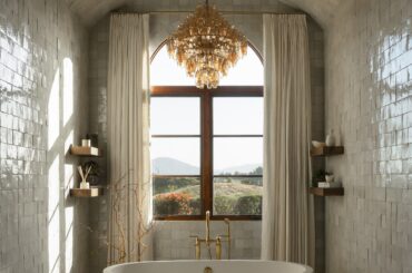 Renovated bathtub nook clad with white zellige tiles, California [2500x3125]