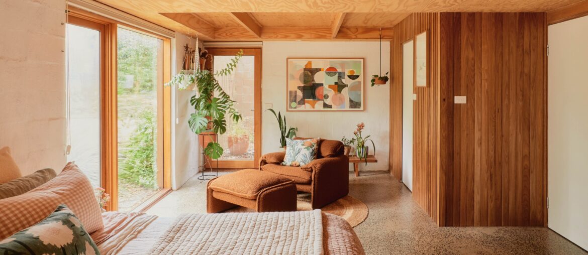 Bedroom in a renovated 80s retreat lined with timber, Mt. Dandenong, Greater Melbourne area, Victoria, Australia [6250x3515]