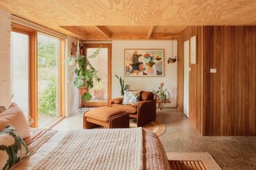 Bedroom in a renovated 80s retreat lined with timber, Mt. Dandenong, Greater Melbourne area, Victoria, Australia [6250x3515]