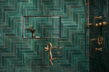 Herringbone patterned tile shower with a serpent-shaped door handle in a renovated 18th-century farmhouse, Lumberton, Burlington County, New Jersey [1600x2000]